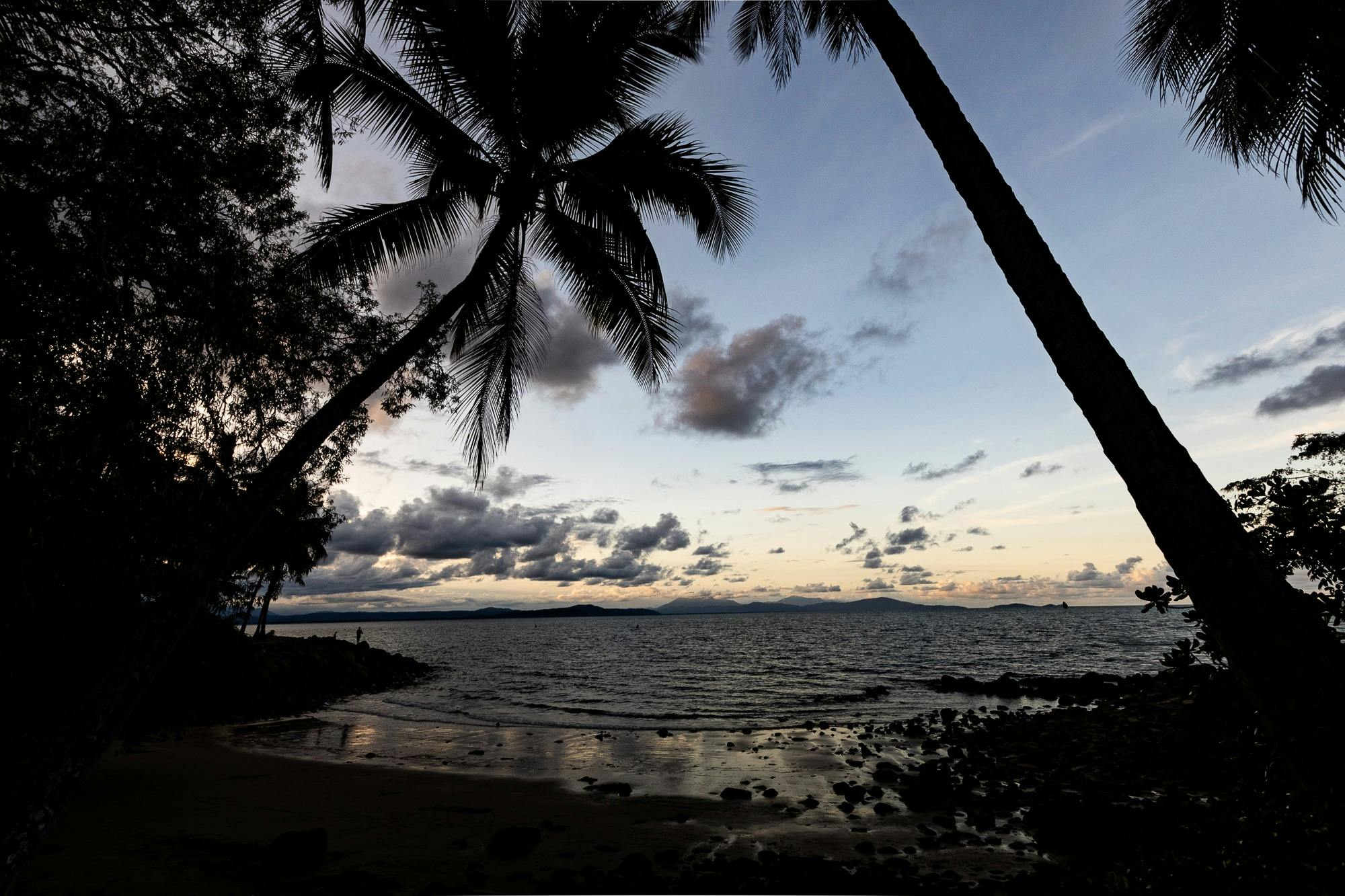 The sunset framed by two palm trees