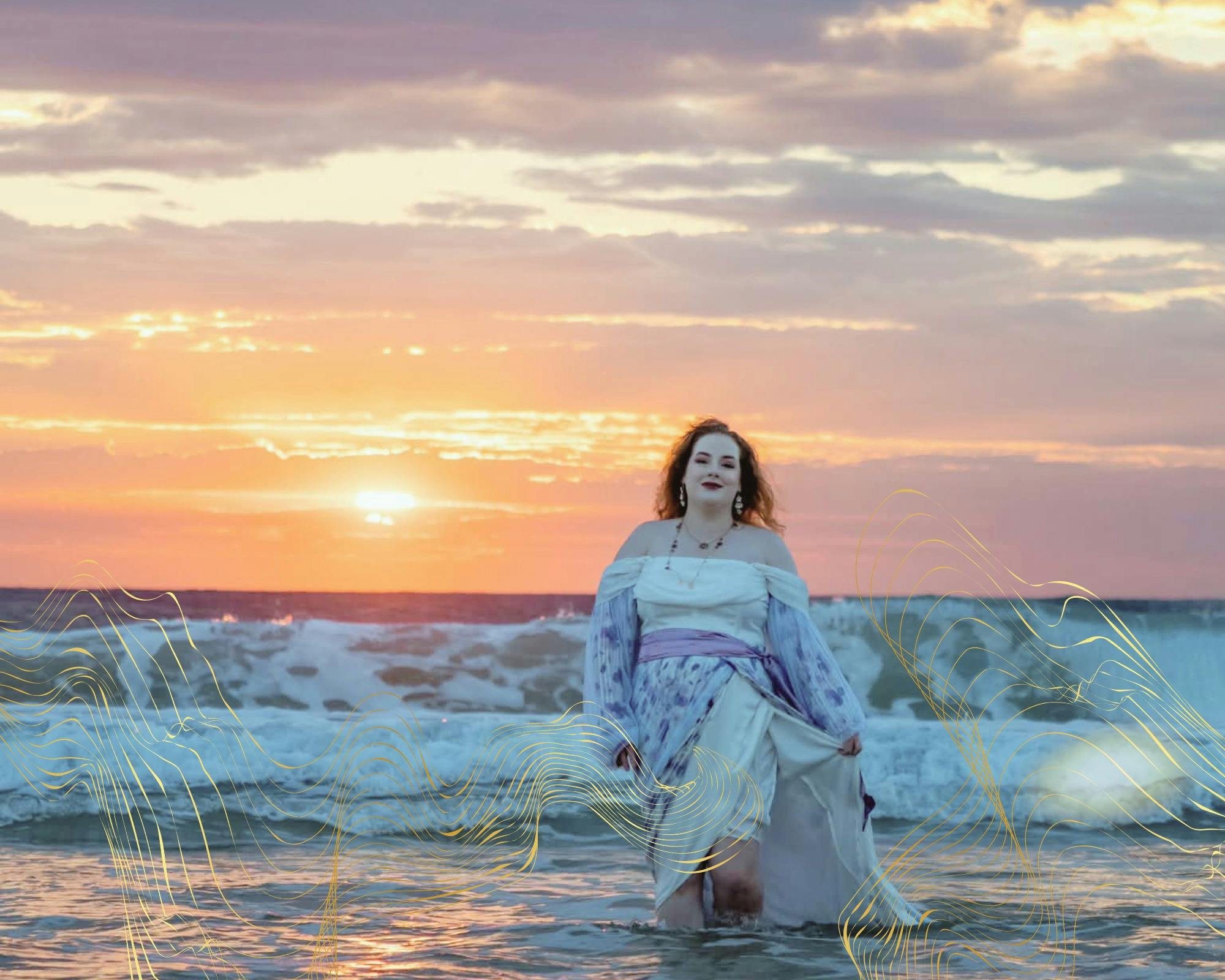 Photo of a singer in an ethereal gown at sunset