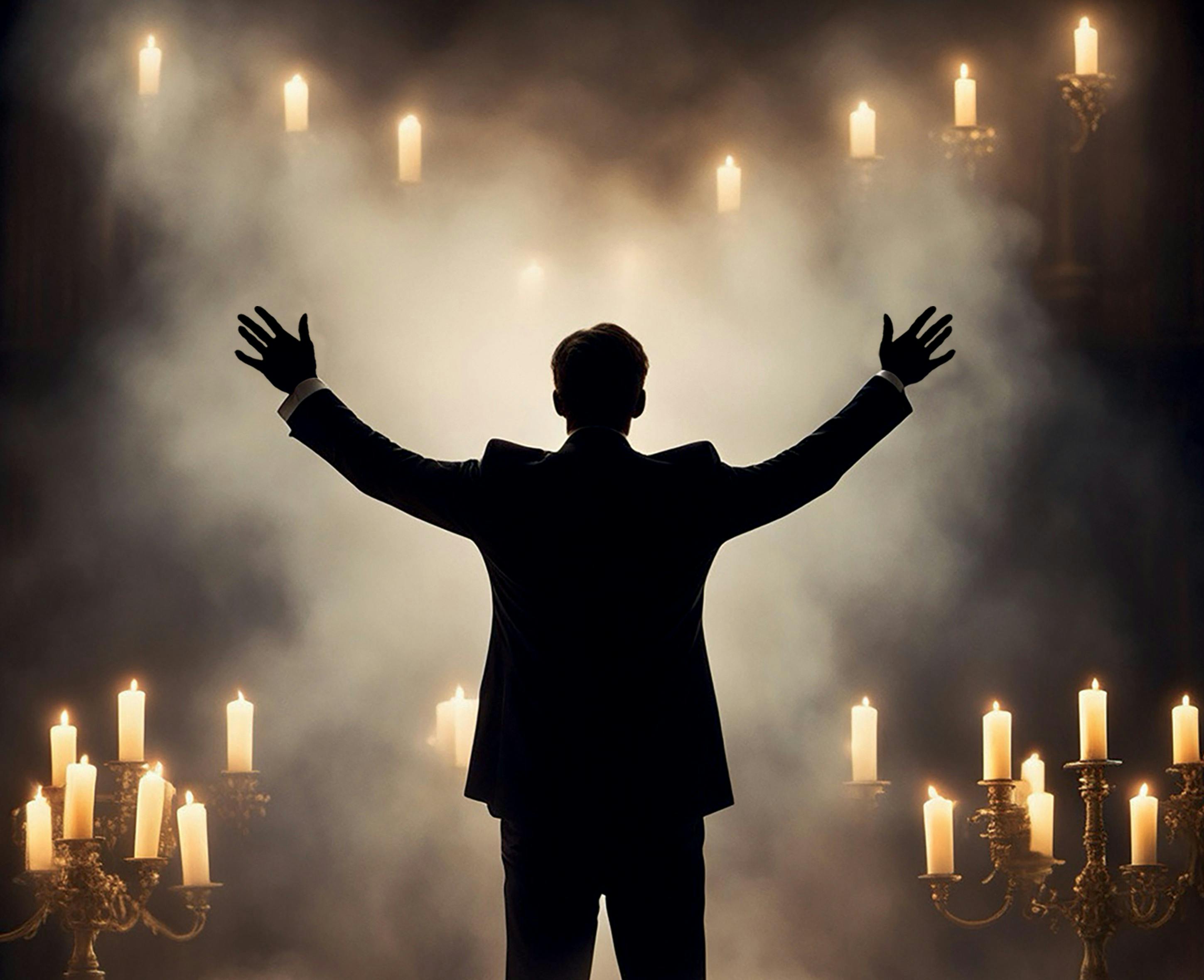 a silhouette of a man in front of hazy candles