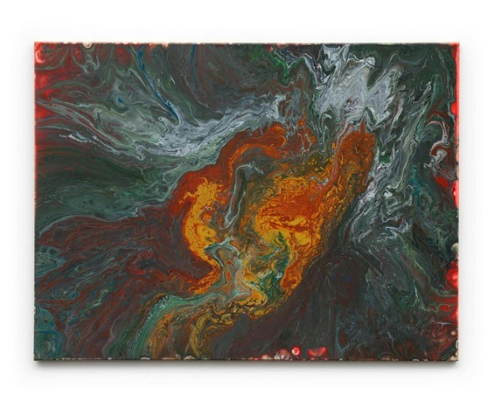 Paint pouring picture with warm red and yellow tones colliding in the centre surrounded by greens.