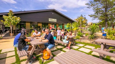 Guests and families enjoying the dining area at the Rhino Bistro / cafe