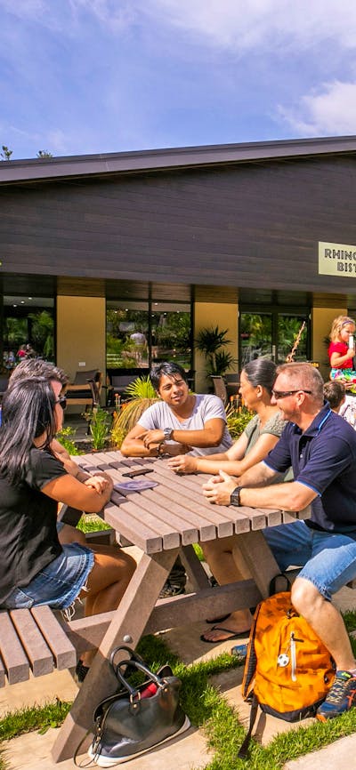 Guests and families enjoying the dining area at the Rhino Bistro / cafe