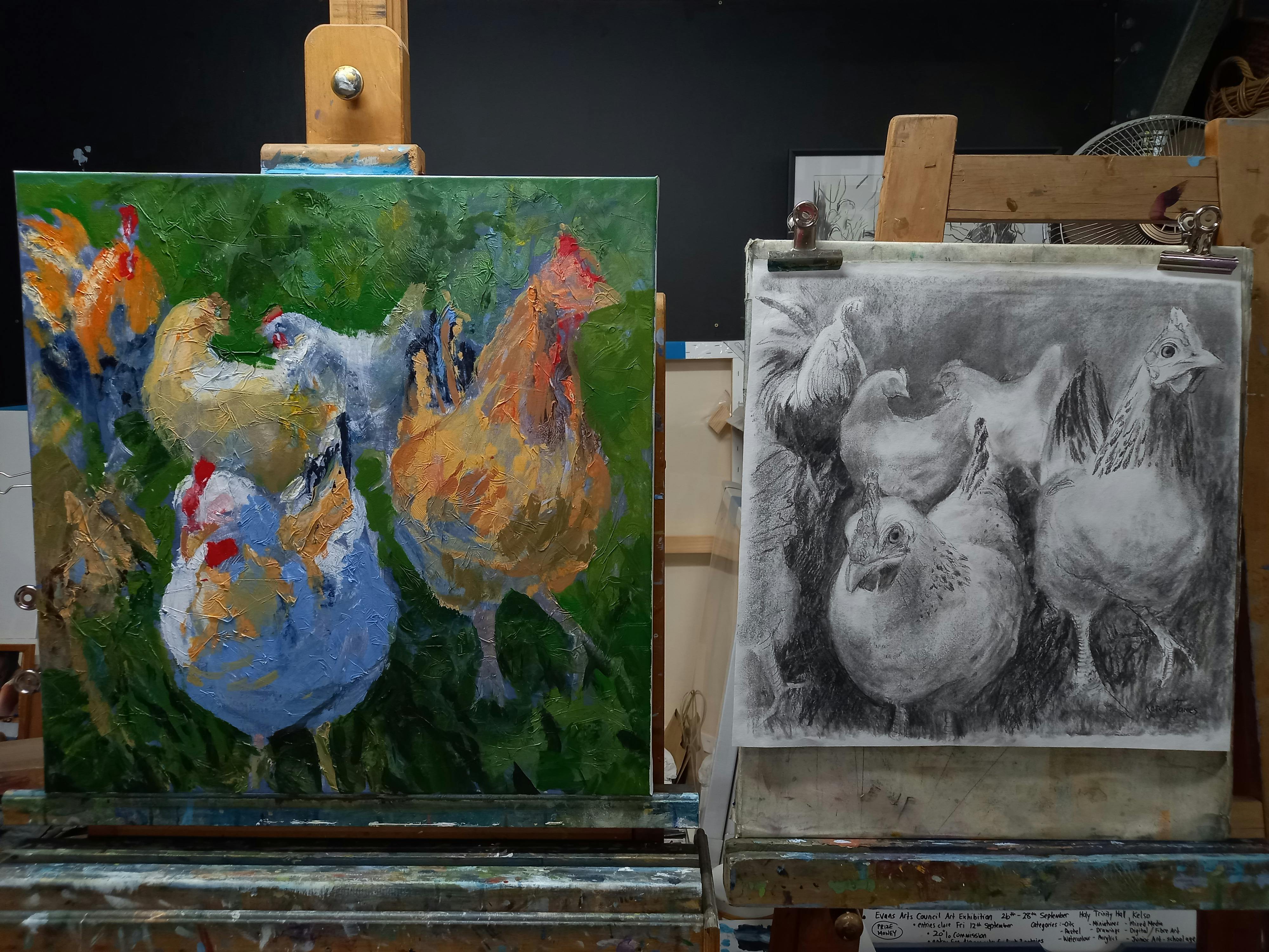 鶏の絵と木炭画の研究