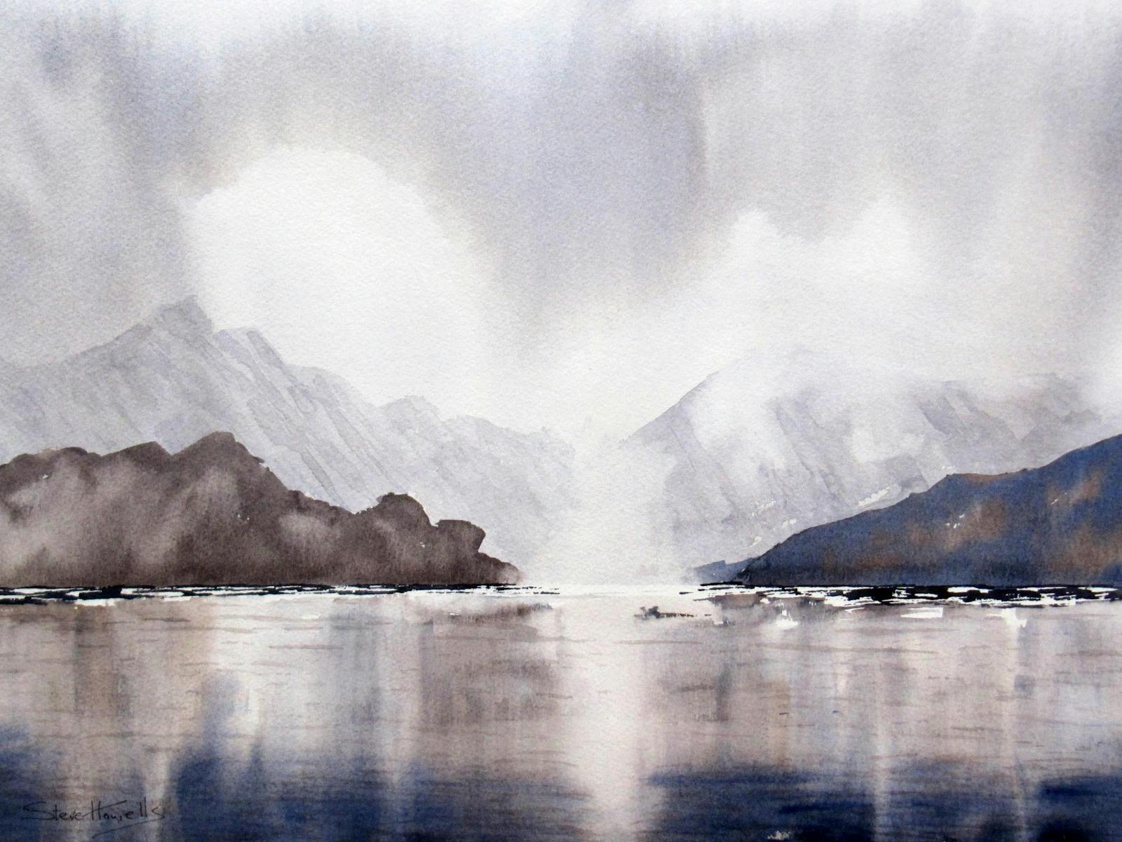Watercolour painting of Dove Lake and Cradle Mountain, on a cold day with low cloud.
