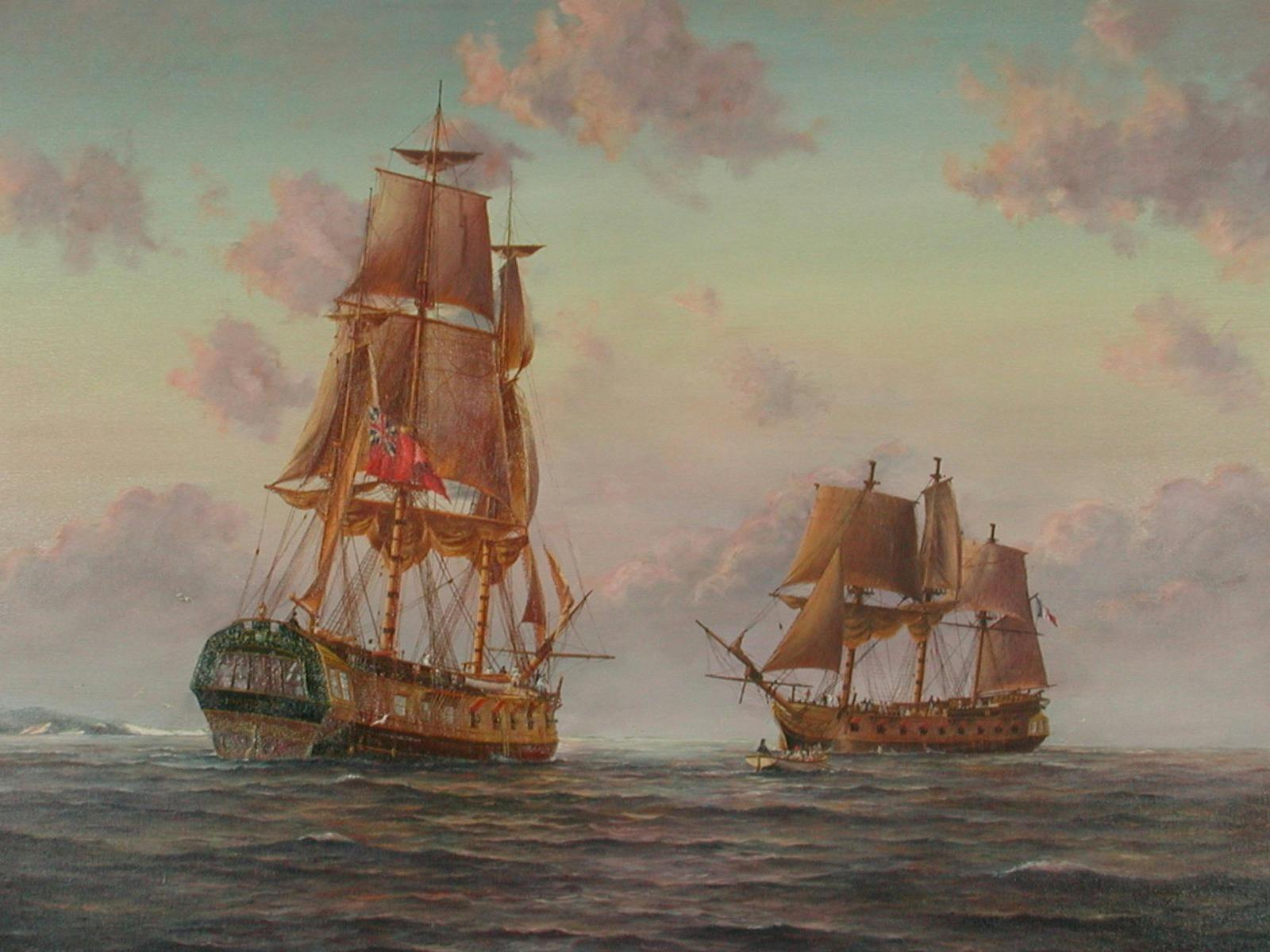 HMS INVESTIGATOR and GEOGRAPHE meeting at Encounter Bay 8th April 1802, Artist Ian Hansen