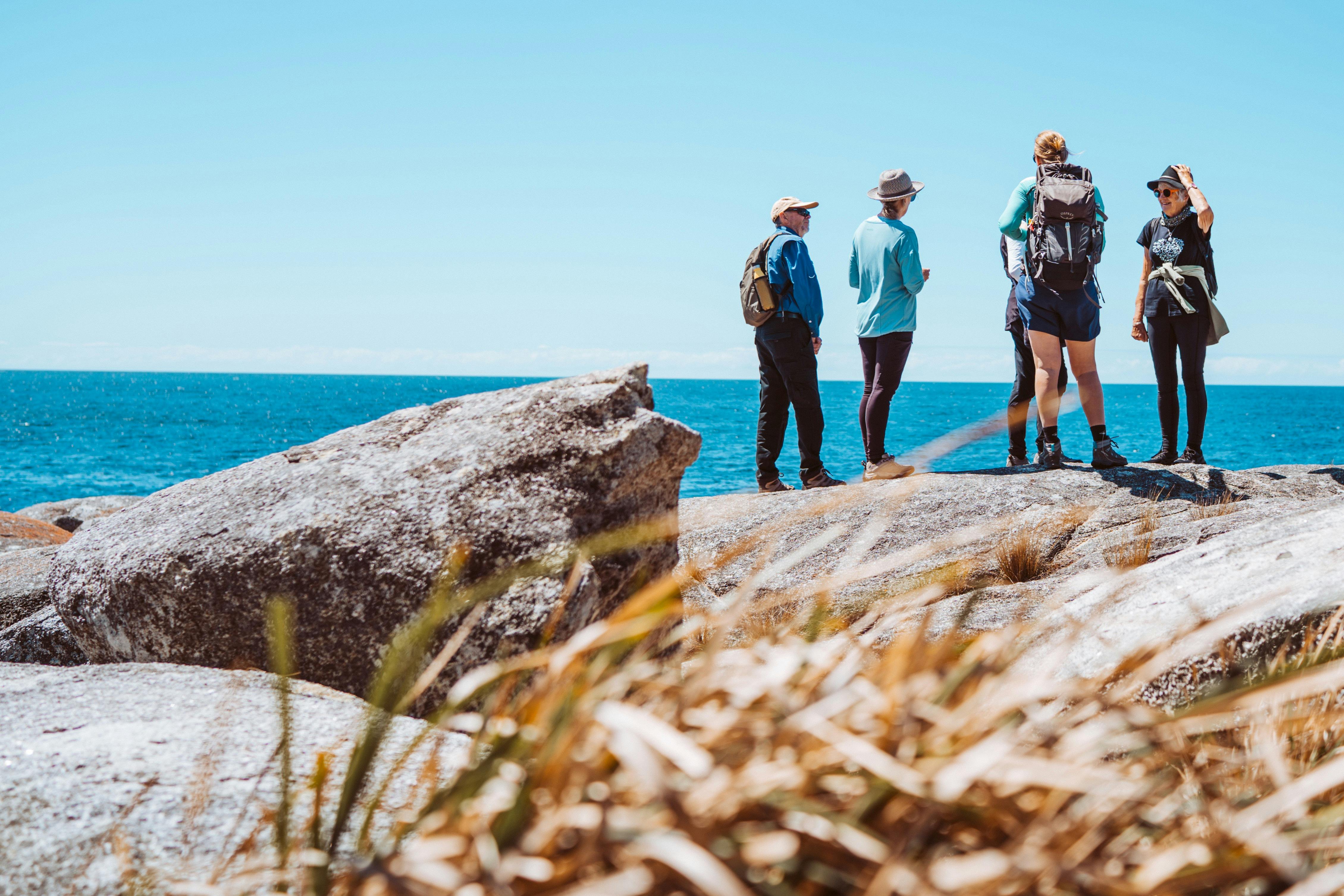 Group guests standing on a rock looking out to sea on a sunny morning