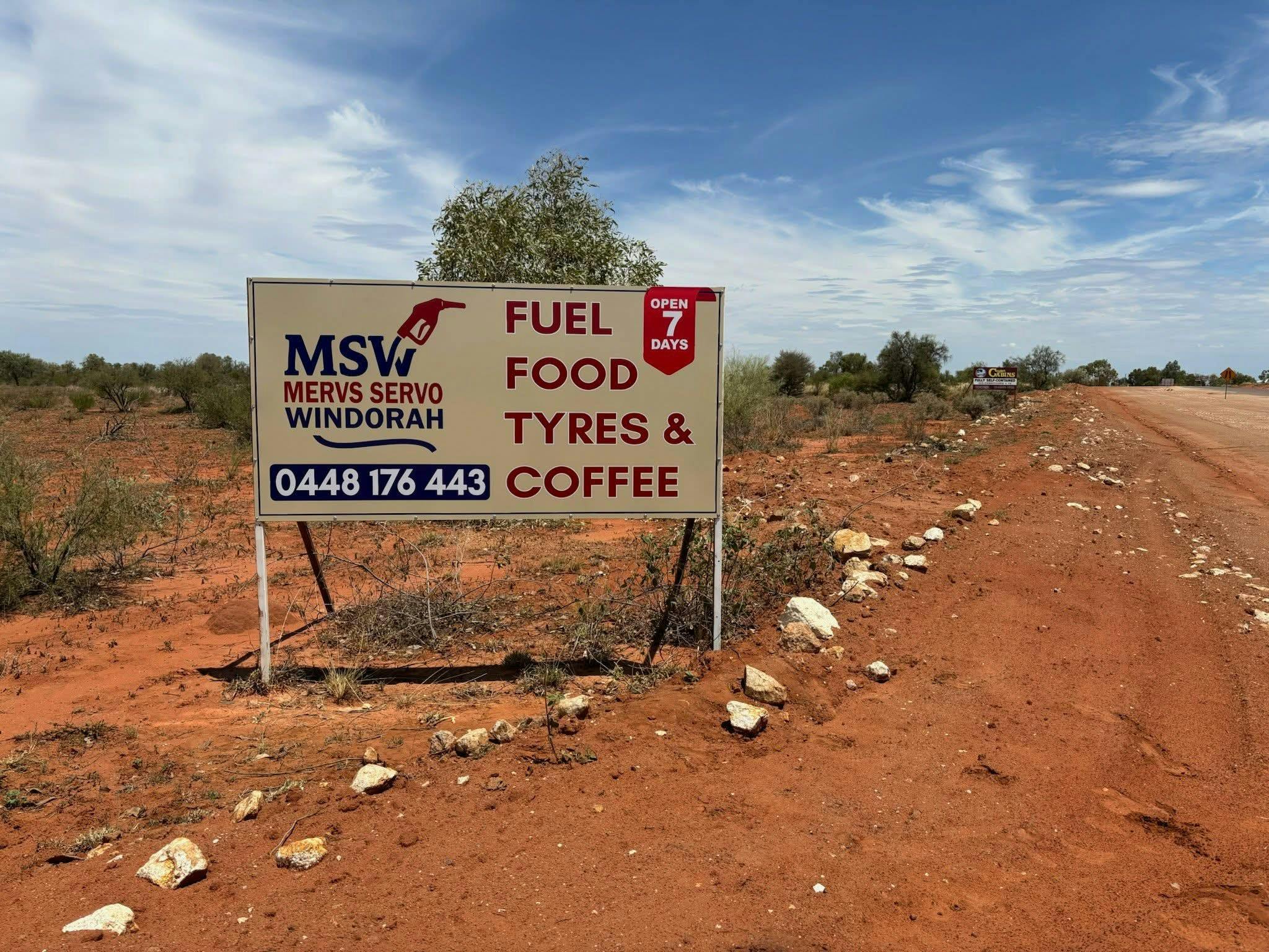 This is the sign you will see as you enter Windorah listing a small selection of what we offer This is the sign you will see as you enter Windorah listing a small selection of what we offer