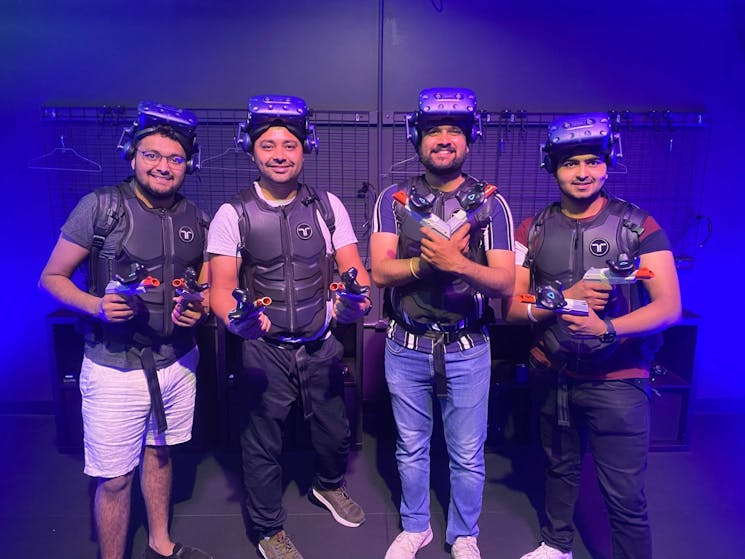Group of men geared up ready to play in the free roam Arena