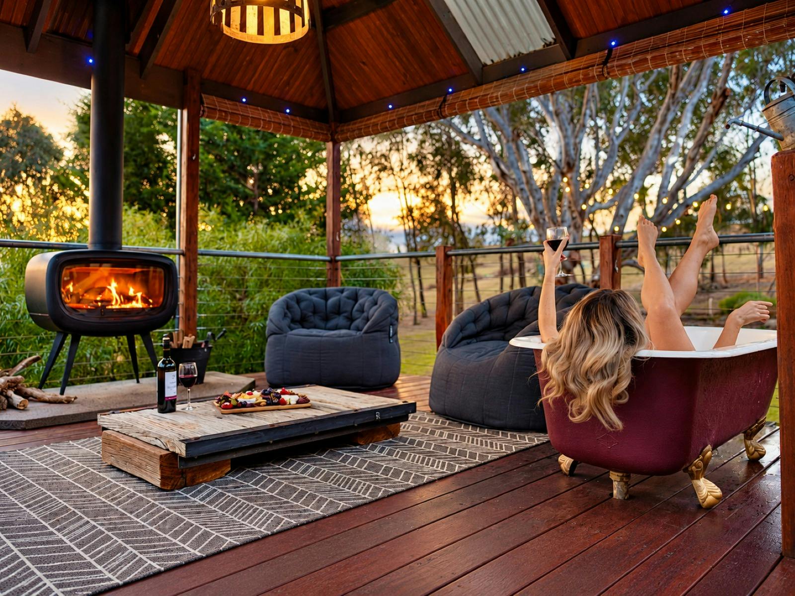 Girl sitting in bath in front of fireplace outdoor at Stone Creek Cottage gazebo
