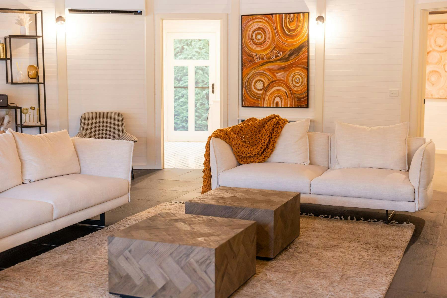 Open living space with a fire