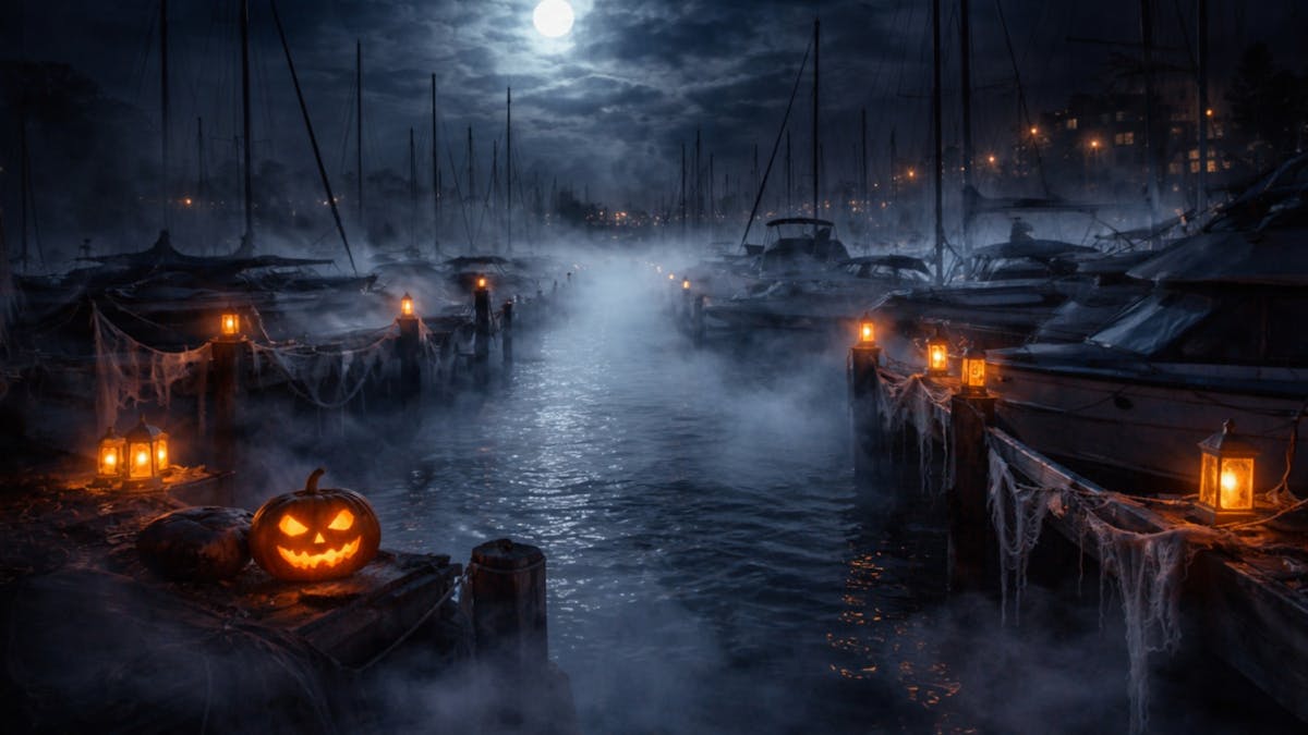 image of spooky, foggy harbour with jackolanterns