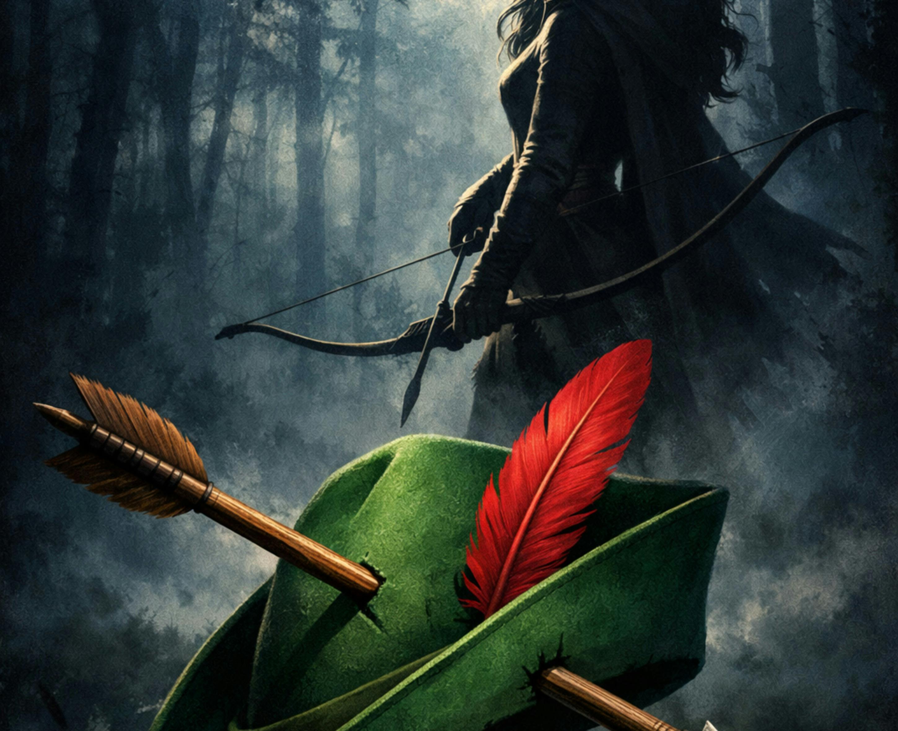 Foreground: green hat with a red feather and an arrow. Background: a forest and a woman with a bow