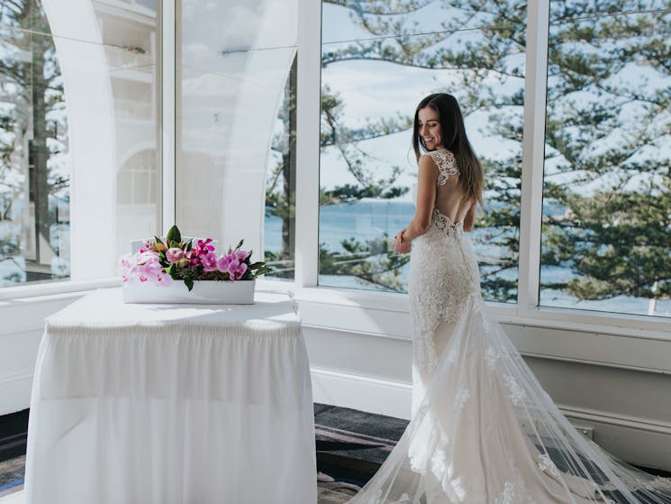 Bride in our Lord Ashley Lounge with views over Terrigal