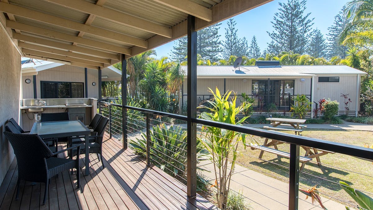 Main Beach Tourist Park cabin balcony