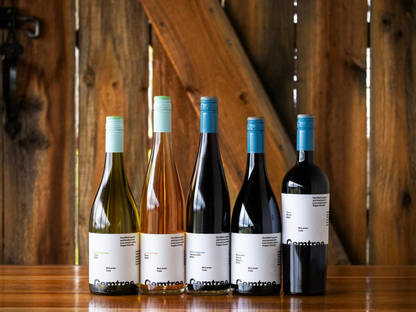 5 wine bottles lined up in front a wooden door