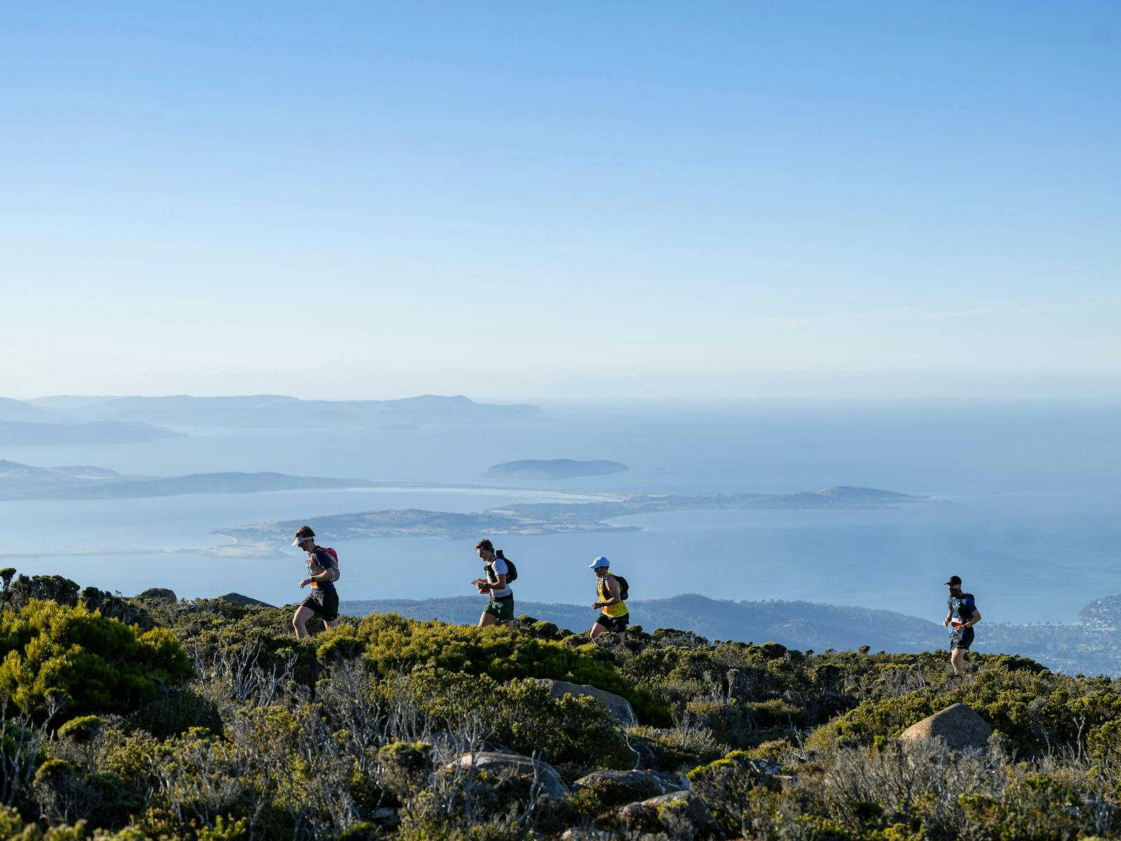 Trail runners near the summit of kunanyi / Mount Wellington in Wellington Park