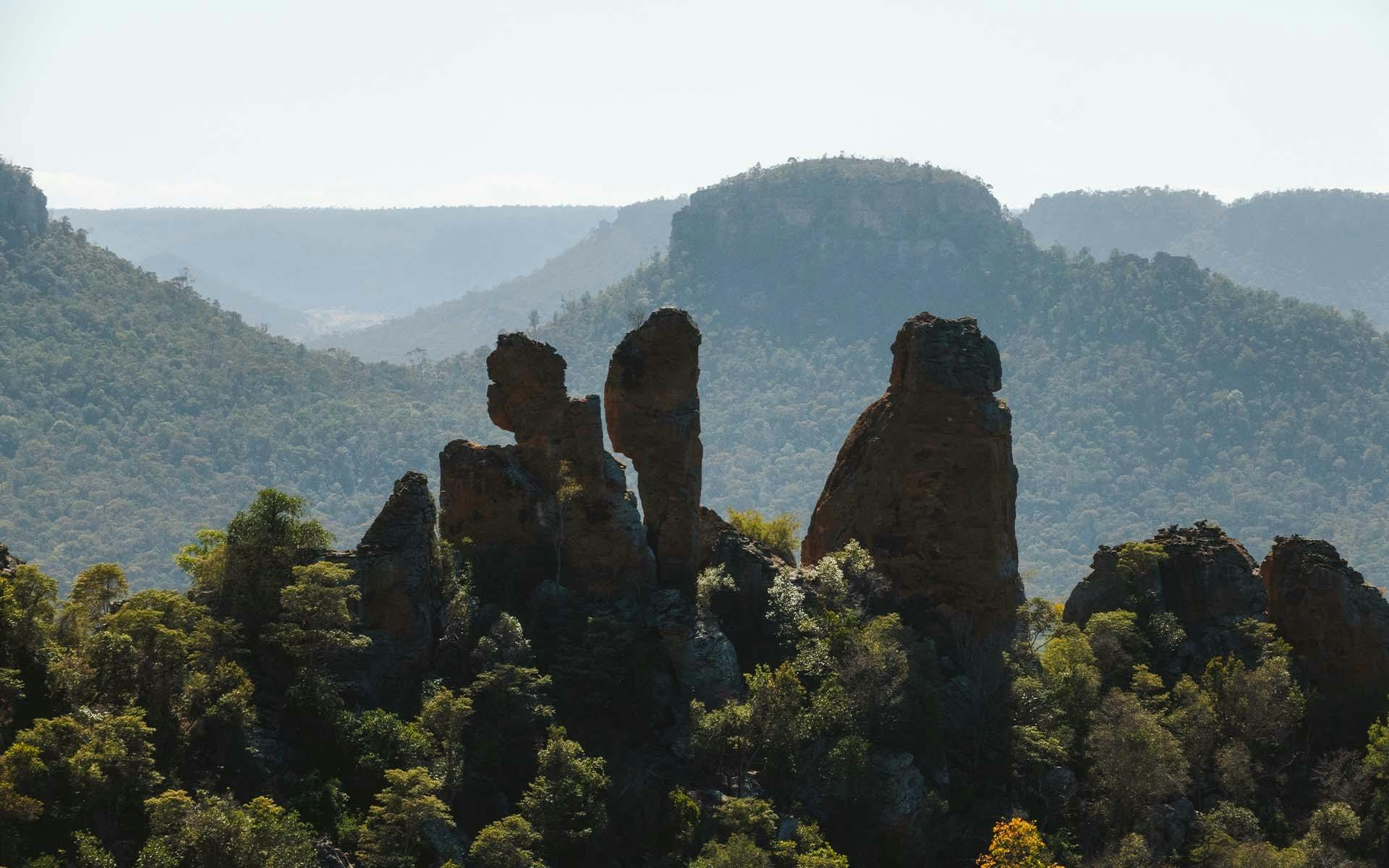 Multiple rock formations towering above the treeline.