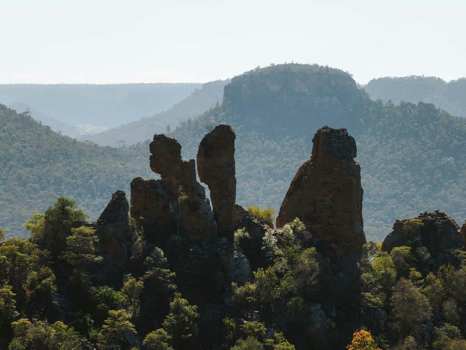 Multiple rock formations towering above the treeline.