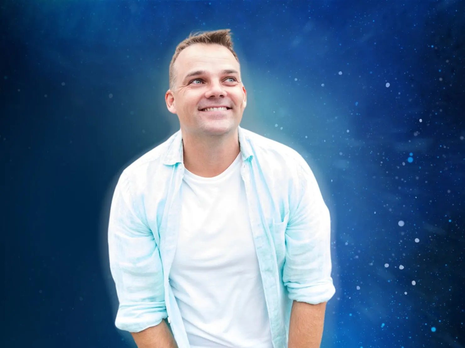 Peter with blue background and white aura surrounding him