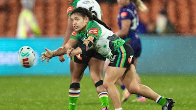 Canberra Raiders NRLW player Chante Temara passing the ball.