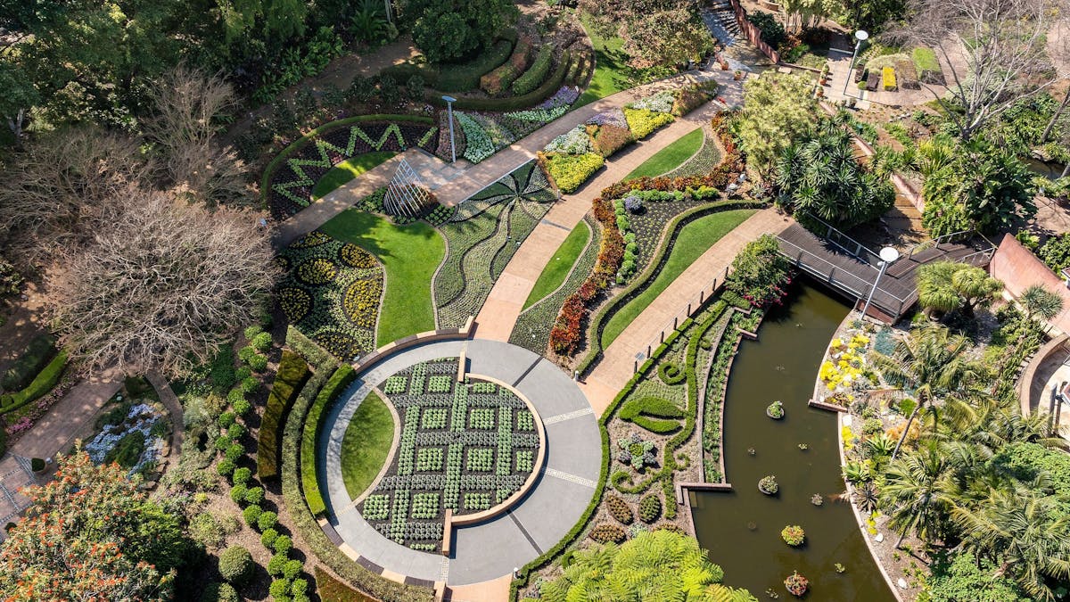 Aerial view of a manicured garden design