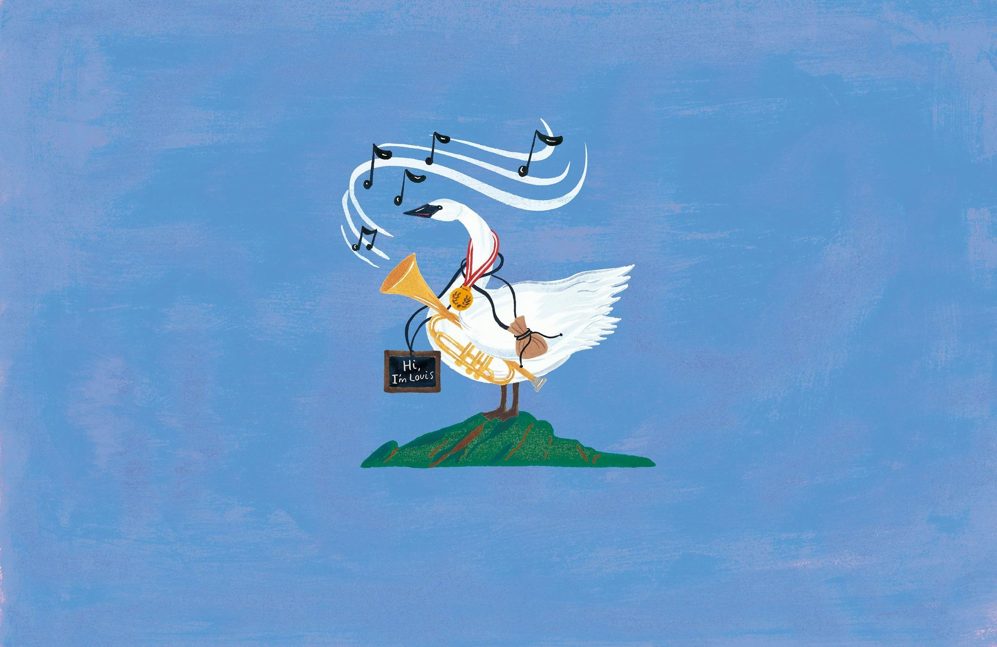 Illustrated swan with a brass instrument and music notes on a blue background.