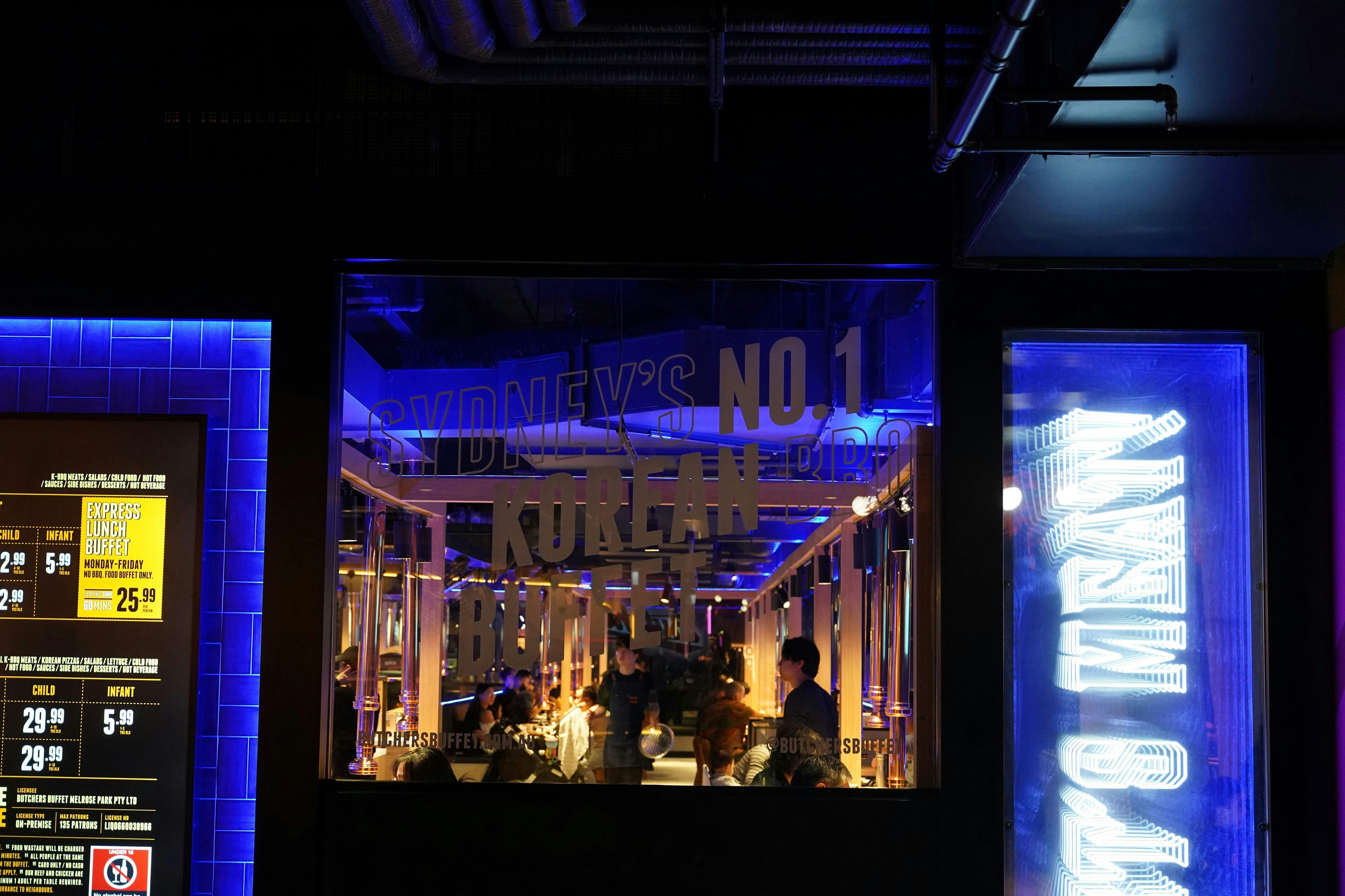 Window view into Butchers Buffet Melrose Park with “Sydney’s No.1 Korean BBQ Buffet” signage