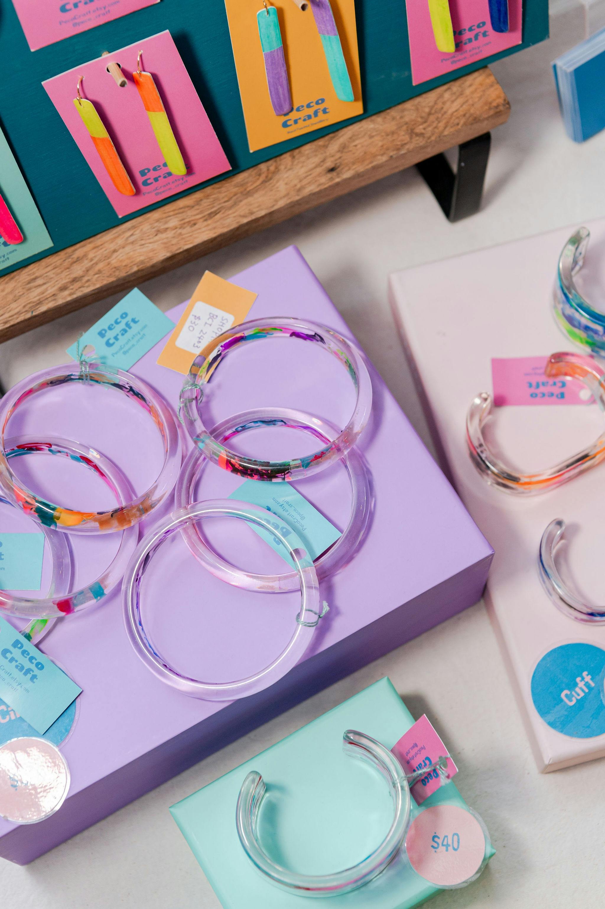 Handmade accessories such as bracelets and earrings with a pop of colour