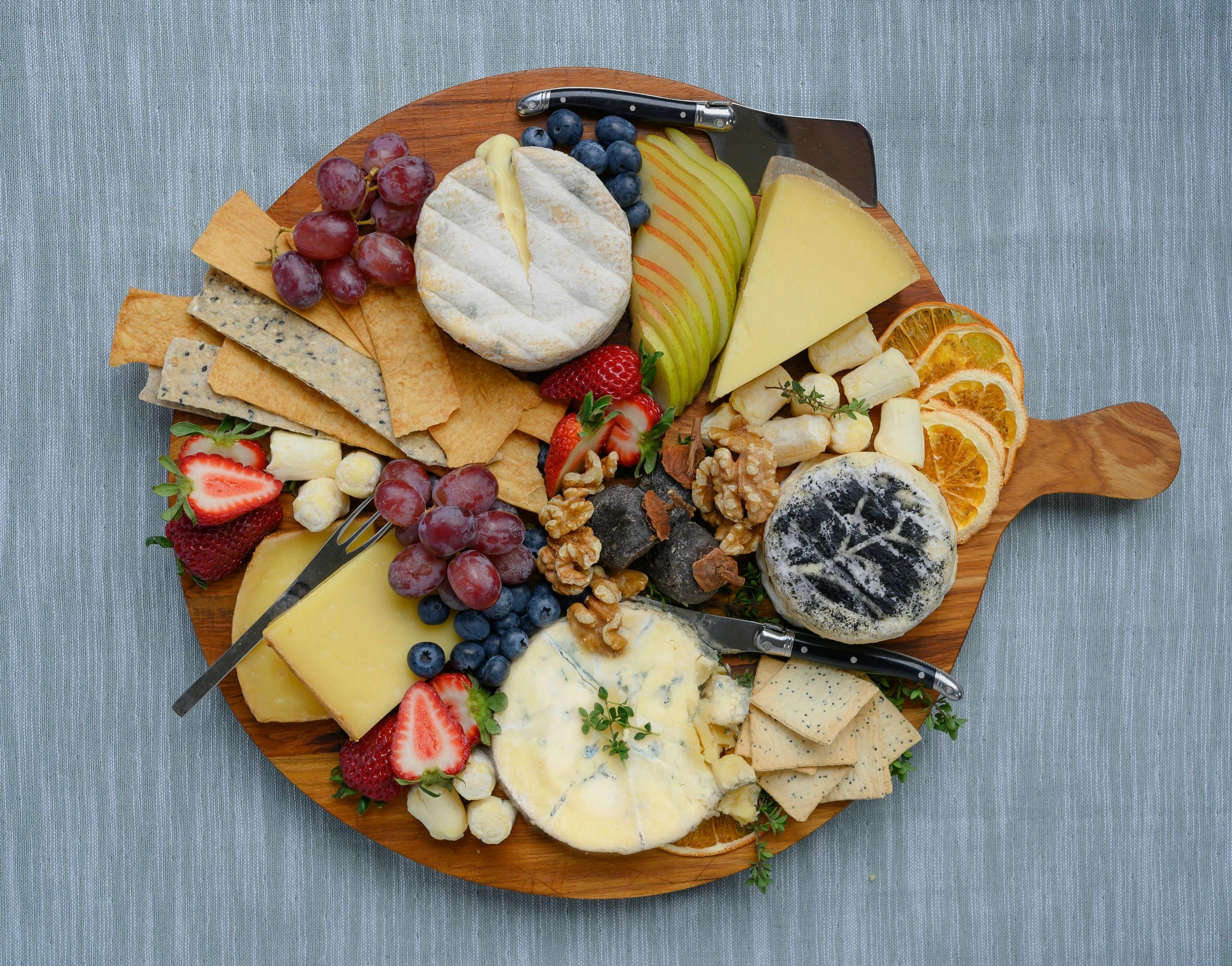 Cheese and fruit platter, featuring different Long Paddock Cheese products