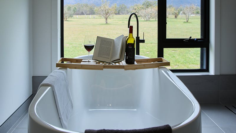 Our beautiful stand alone bath tub is a stand out feature with mountain views