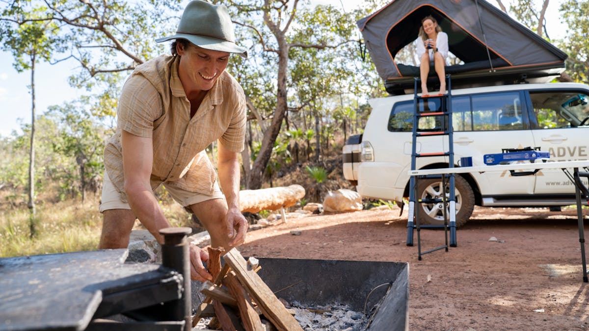 A four wheel drive Mitsubishi Pajero Camper with Roof Top Tent at Litchfield National  Park NECI