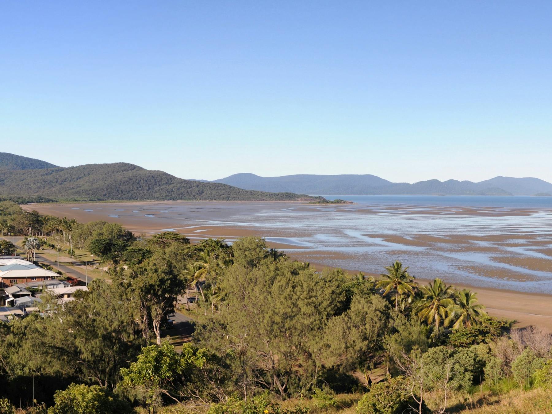 Panoramic view to the Conway Beach at low tide with the hills of Conway National Park at the back