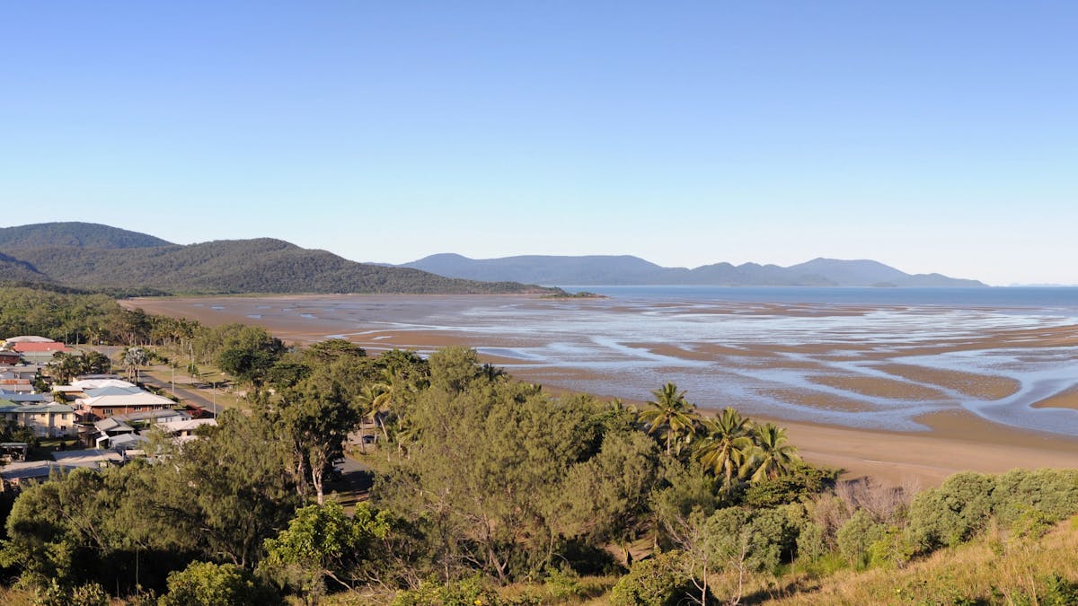 Panoramic view to the Conway Beach at low tide with the hills of Conway National Park at the back