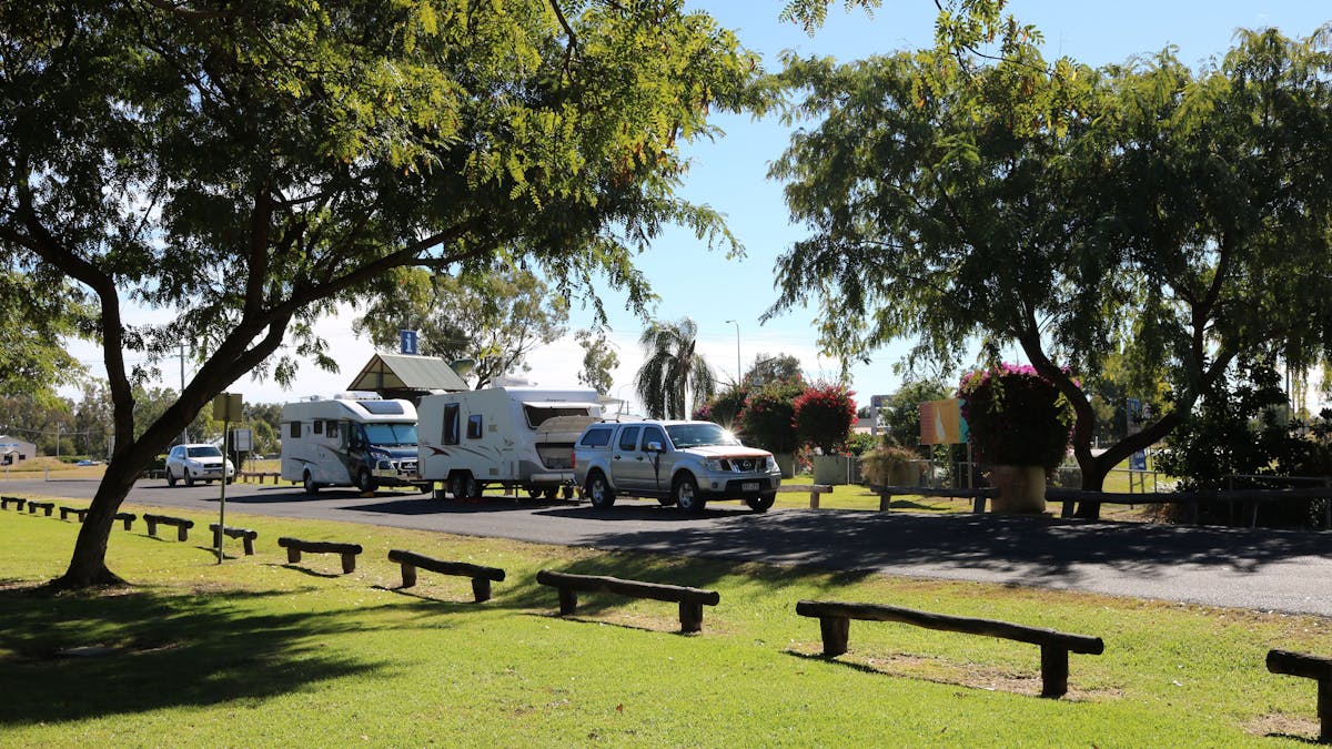 Caravans are parked along the road at Redmond Park to enjoy the amenities
