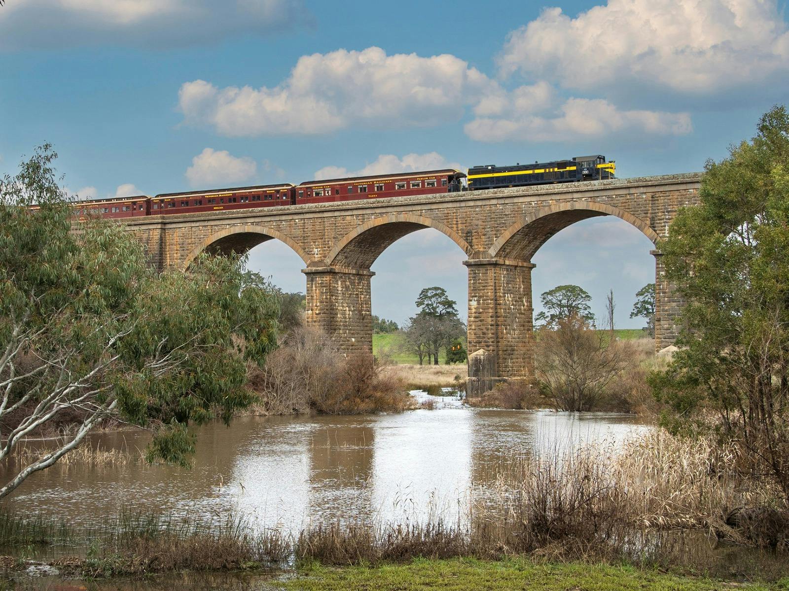View of locomotive X31 hauling The Dining Train over a viaduct