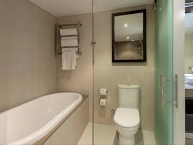 Bathtub, shower and twin sinks in King One Bedroom Suite bathroom
