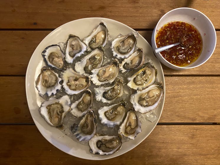 A plate of shucked oysters with bowl of vinaigrette
