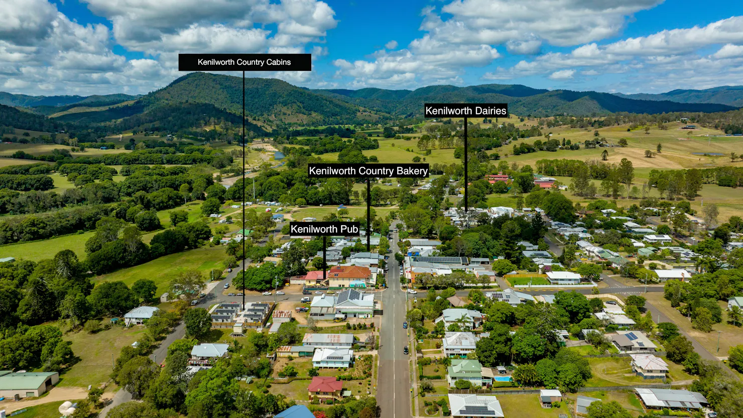 The picture shows Kenilworth Country Cabins location and how close it is to the dairies and bakery