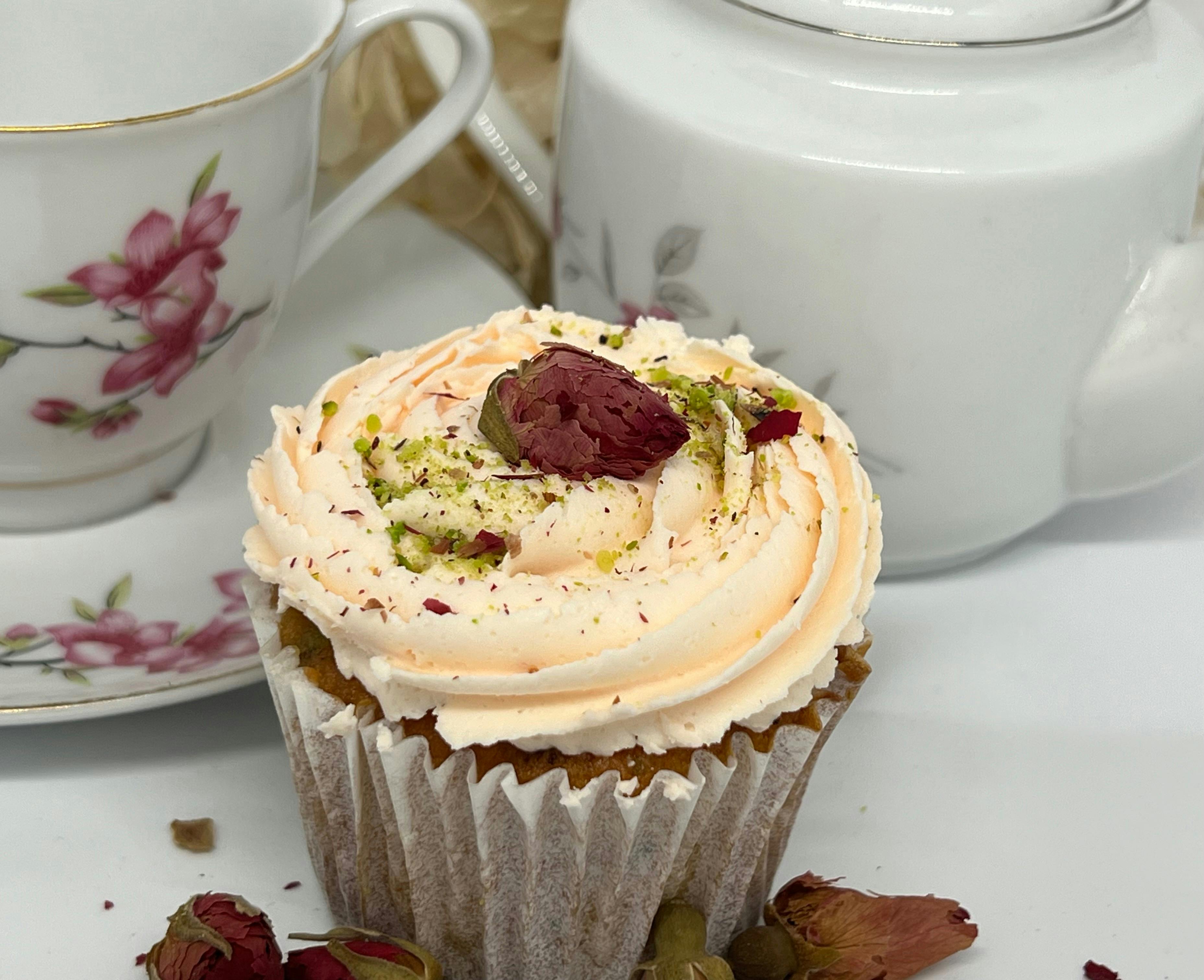 Rose and pistachio cupcakes are perfect for an afternoon tea