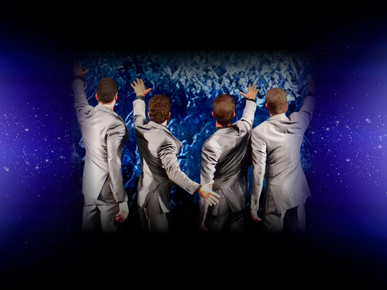 Four men in gray suits looking away from the camera into an audience, with a blue and black backing