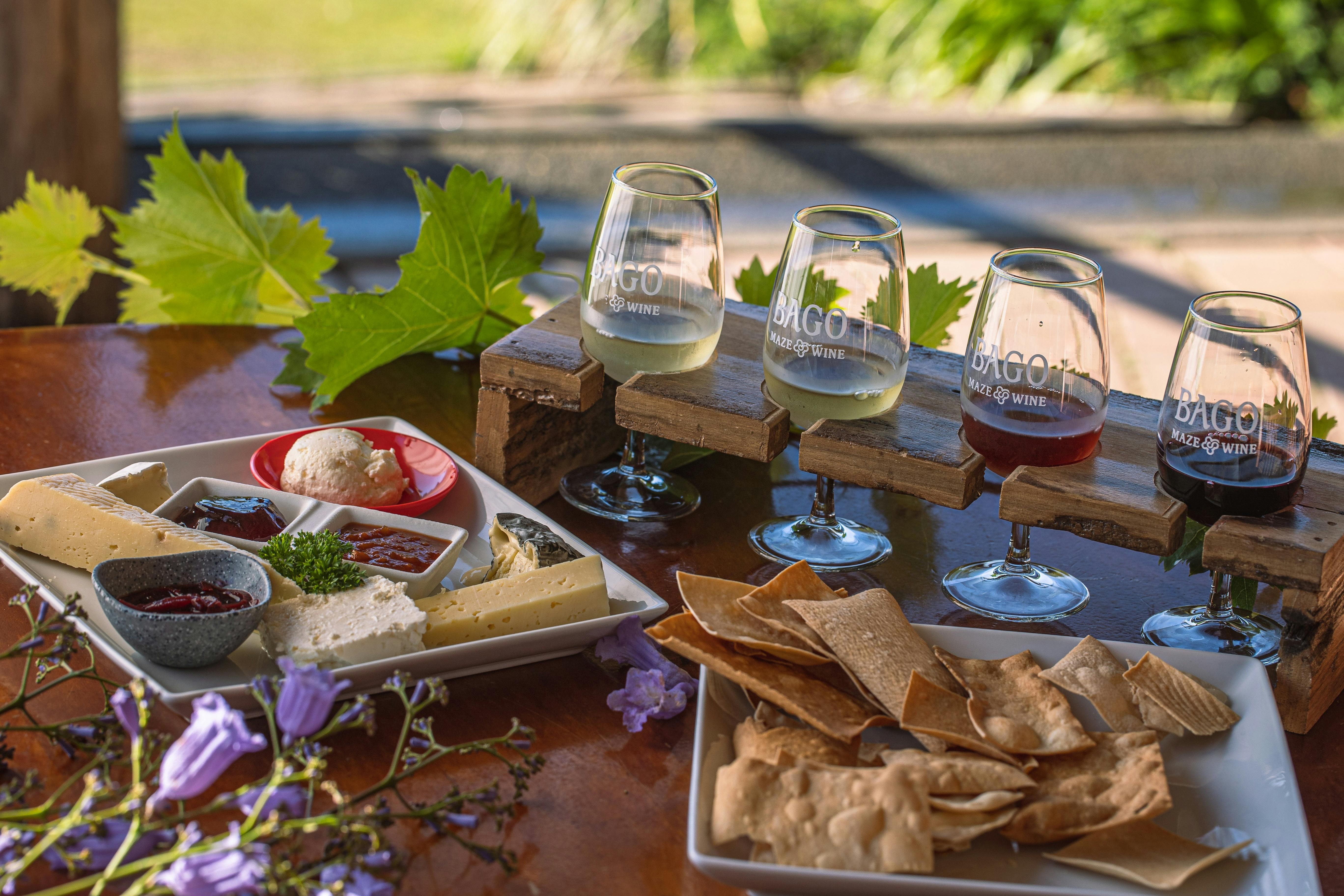 Enjoy Bagos wine tasting paddle with a platter of locally sourced cheeses