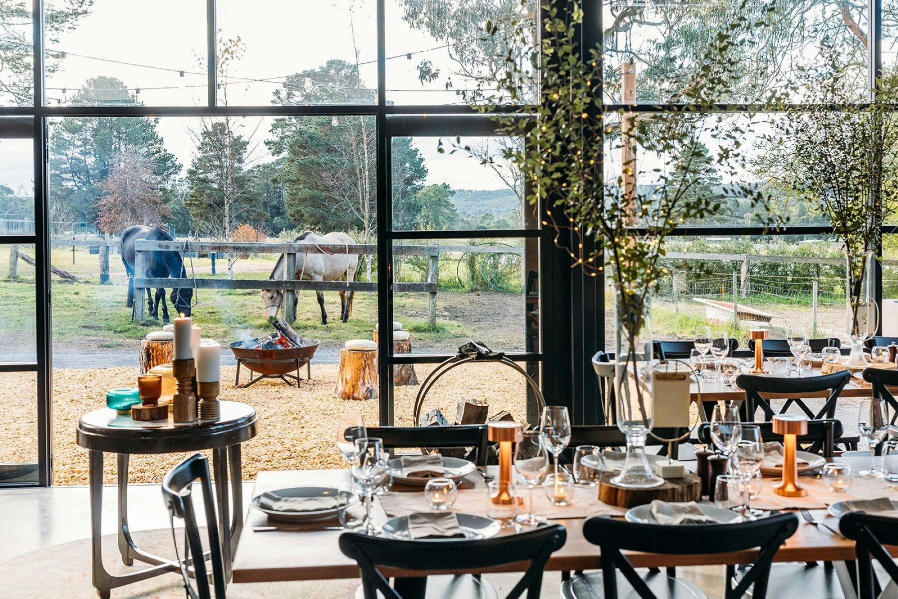 table set up for corporate meeting showing horses and nature in the background