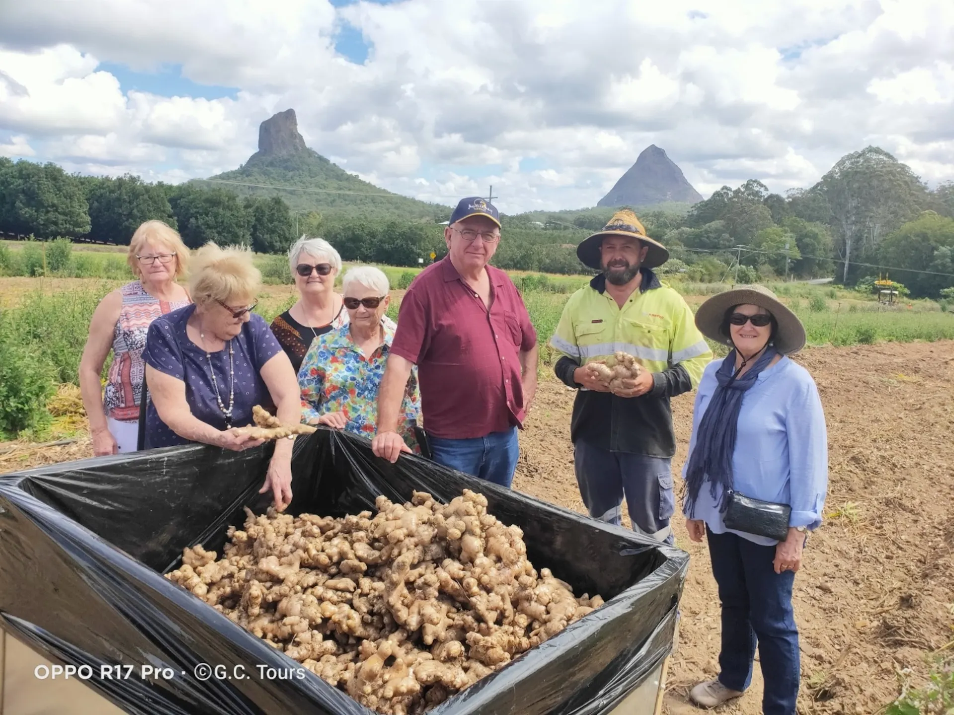 image shows 6 guests with ginger farmer and crate of fresh ginger, mountains in background