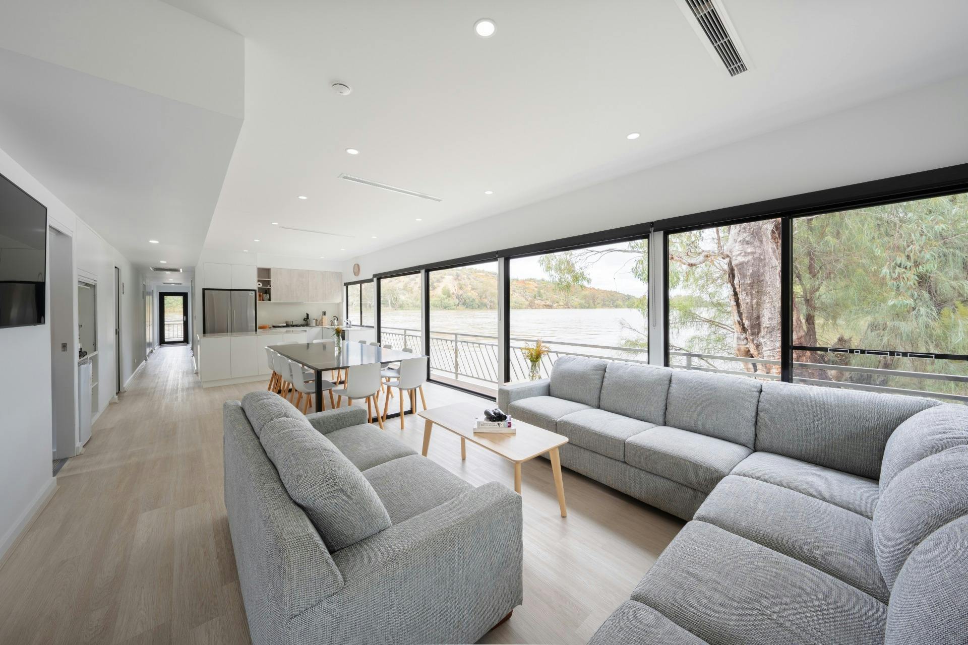 Spacious living room on houseboat