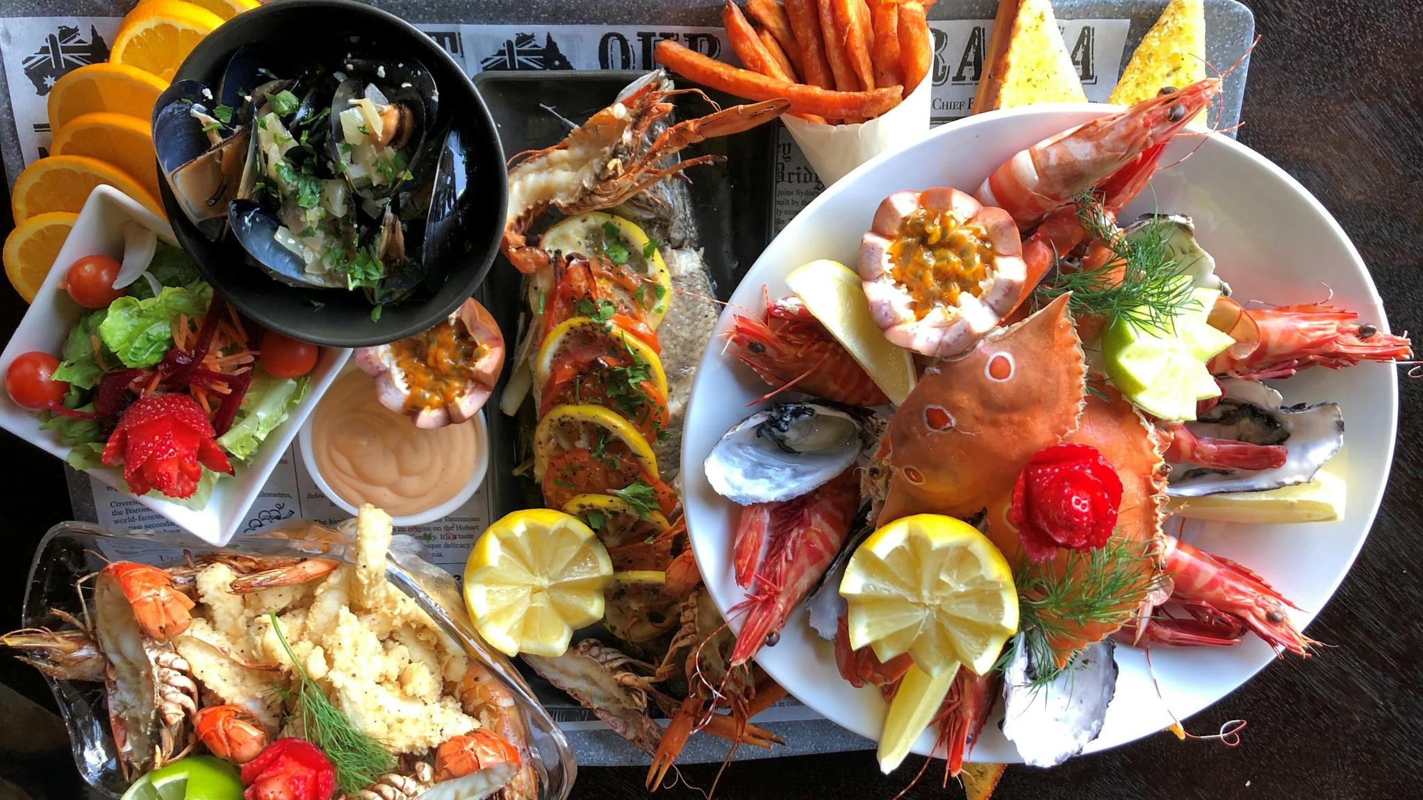 Crab, prawns, calamari and fish
