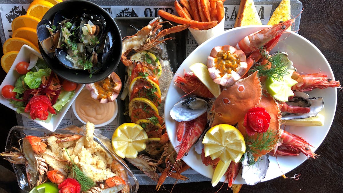 Crab, prawns, calamari and fish