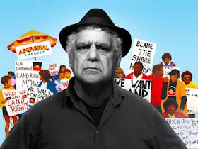 An elderly aboriginal man appears as a black and white photo in front of a colourful art collection