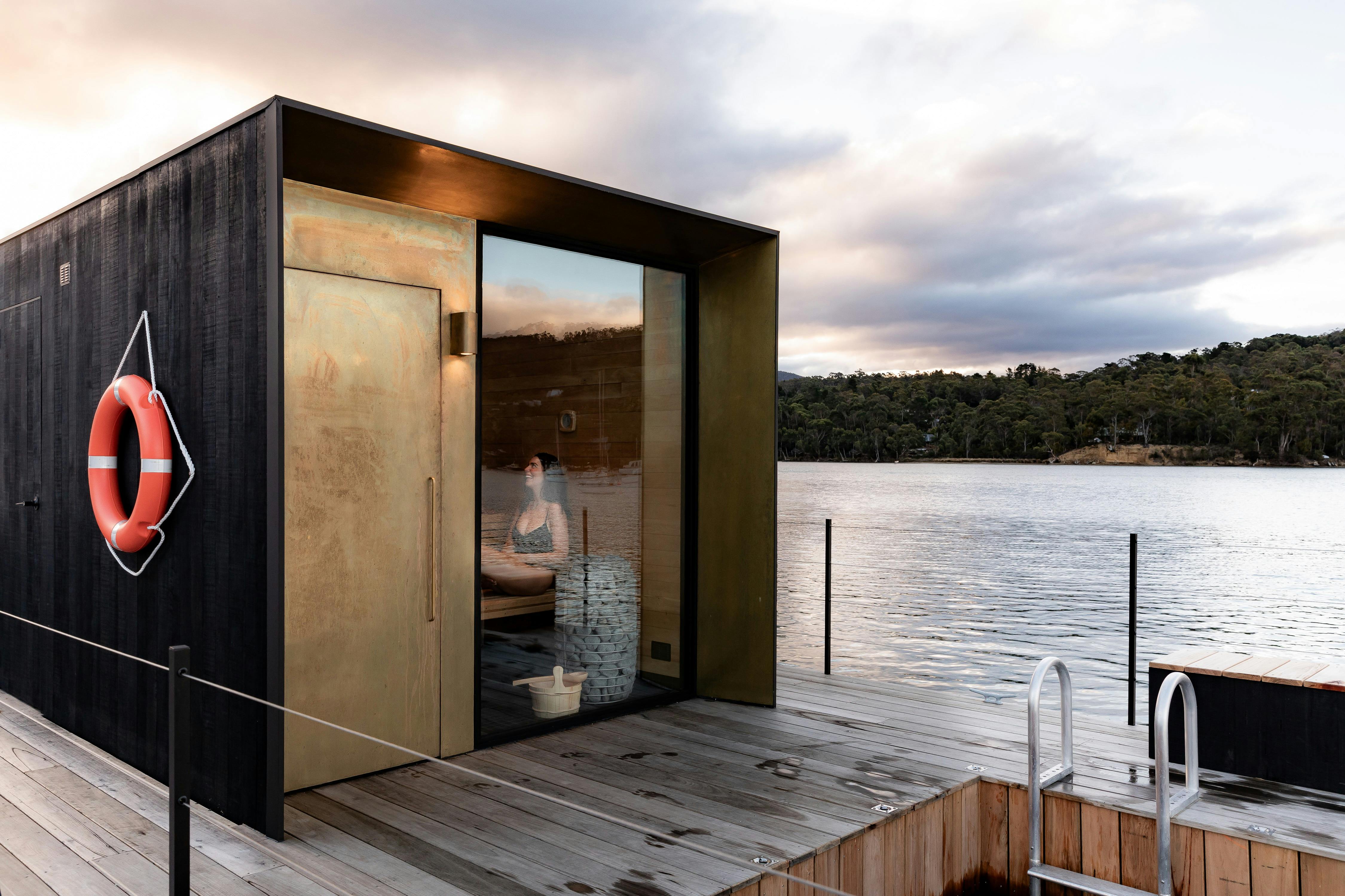 Sauna Boat Tasmania Floating sauna on water with plunge pool