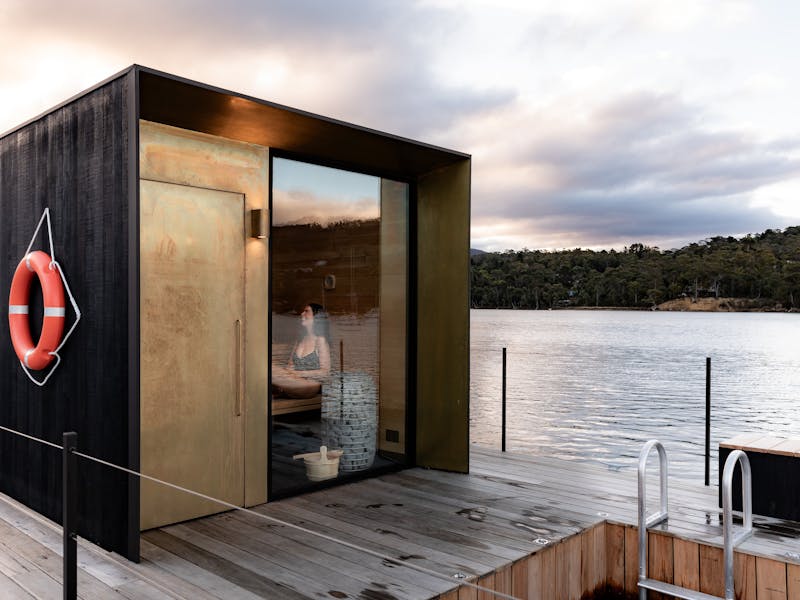 Sauna Boat Tasmania Floating sauna on water with plunge pool