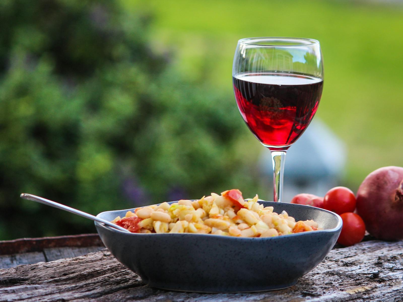 Pasta e fagioli with a glass of Tassie red